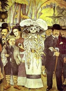Detalle del Mural "Sueño de una tarde Dominical", donde el Autor, Diego Rivera, muestra un autorretrato suyo con la mitológica "Catrina" y su muy famosa pareja, también pintora Frida Kahlo, entre otros familiares y personajes históricos.